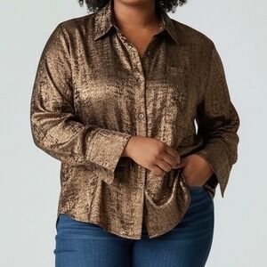 NKN Nekane Button Up Shirt Metallic Brown Long Sleeve Woven‎ Relaxed Fit XL